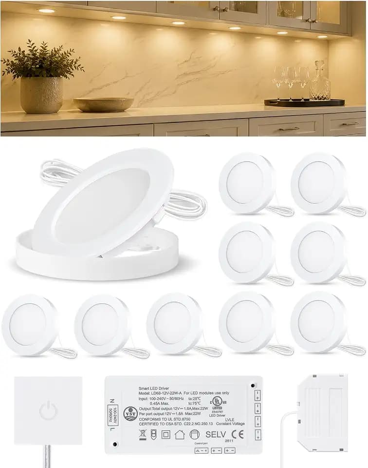 VST Under Cabinet Lighting Plug in with Wired Touch Dimmer Switch,Recessed or Surface Mount Design,Warm White 3000K 12V 2W(20W Total, 10 Pack White) Puck Lights Fixtures