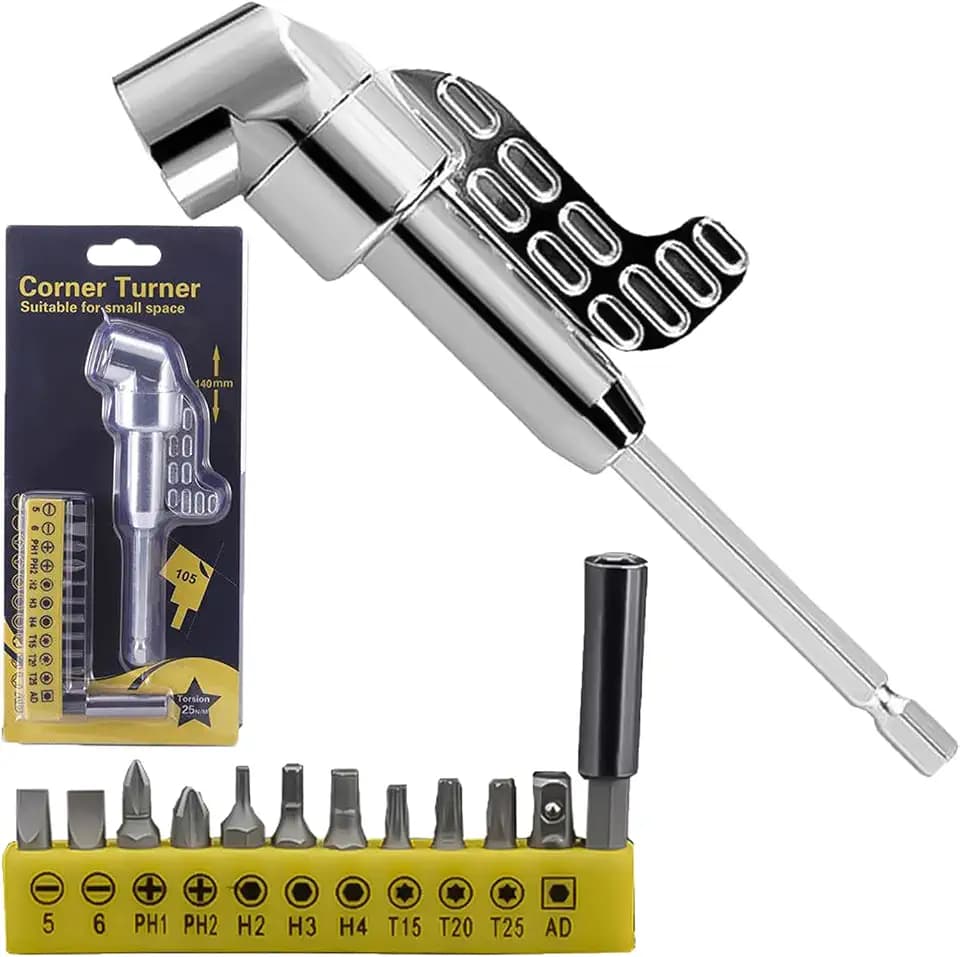 105 Degree Right Angle Drill Adapter Kit, Upgraded Corner Tool Screw Hub Including 12Pc Multifunctional Screw Bits Suitable for Home and Workshop Varity of Tight Space Drilling Screwdriving (Long)