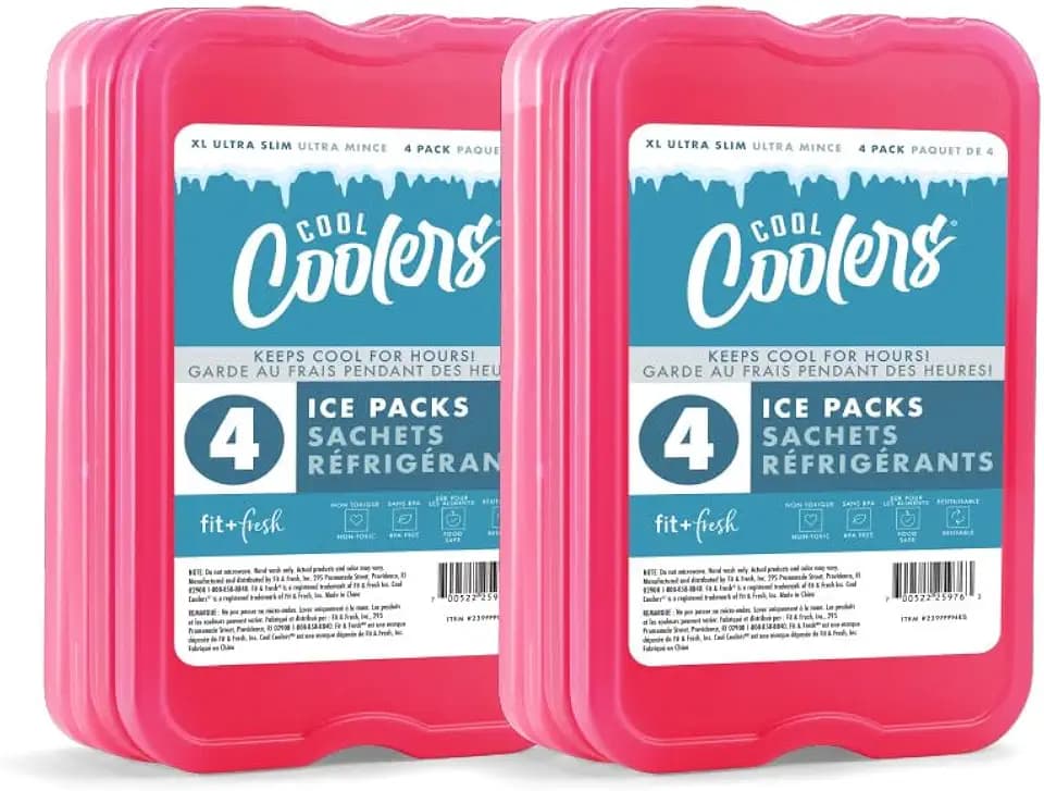 Cool Coolers by Fit & Fresh 4 Pack XL Slim Ice Packs, Quick Freeze Space Saving Reusable Ice Packs for Lunch Boxes or Coolers