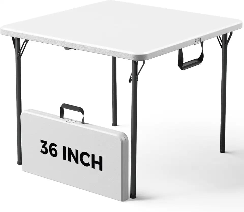 36" Square Folding Table, Portable Card Table with Built-in Handle, Support up to 400 LBS, Heavy Duty Foldable Table No Assembly, for Camping, Picnic, BBQ, Party, Indoor Outdoor Use, White