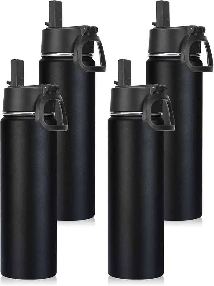 Neihepal 22 oz Insulated Water Bottles Bulk, Double Walled Vacuum Stainless Steel Water Bottle Multipack with Leak Proof Straw Lid for Men, Adults, Kids, Gym, Sports (Black,4 Pack)
