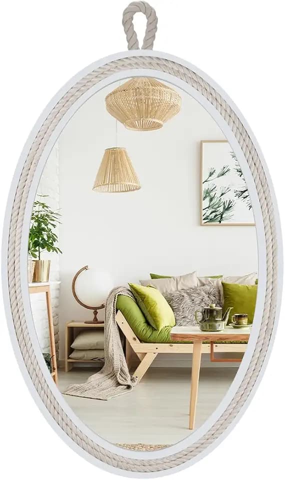 Oval Mirrors for Wall Decor Small White Nautical Rope Mirror Hanging Decorative Beach Coastal Mirror,24''Lx16''W,Oval