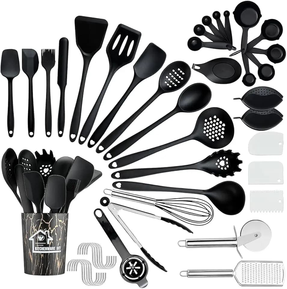 BEWOS 36-teiliges Silikon-Küchenutensilien Set - Vielseitiges Silikon-Kochset, Lebensmittelecht, Hitzebeständig, Kratzfrei für Antihaftpfannen, Spülmaschinengeeignet, Tolles Einzugsgeschenk, Schwarz