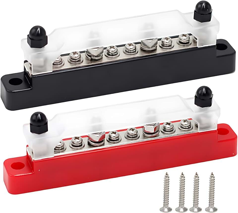 Menibeuty 2 Stück Sammelschienen Verteilerblock 6 x M4 & 4 x M6 12V-48V, 150A DC Sammelschienen Verteilerblock mit Abdeckung, für Kfz Wohnmobil Solar LKW Boot Marine, (Rot& Schwarz)