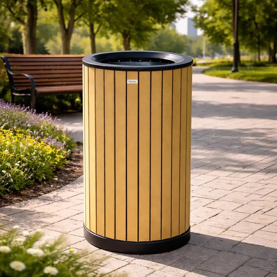 Alpine 32 Gallon Commercial Outdoor Trash Can – Open Top All-Weather Garbage Can with Leak-Proof Stainless Steel Liner, Floor-Mount Ready for Parks, Schools & Public Spaces (Flat Lid - Cedar)