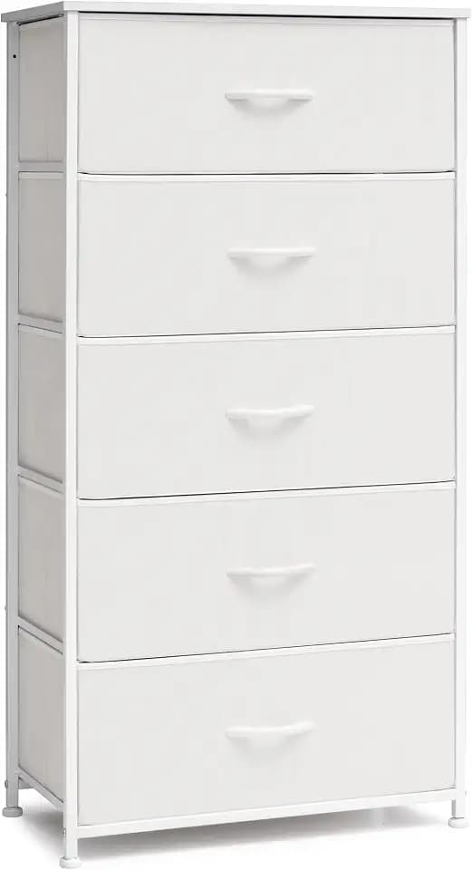 Tall Dresser, Wide Vertical Fabric Storage Organizer, 5 Drawers (White)