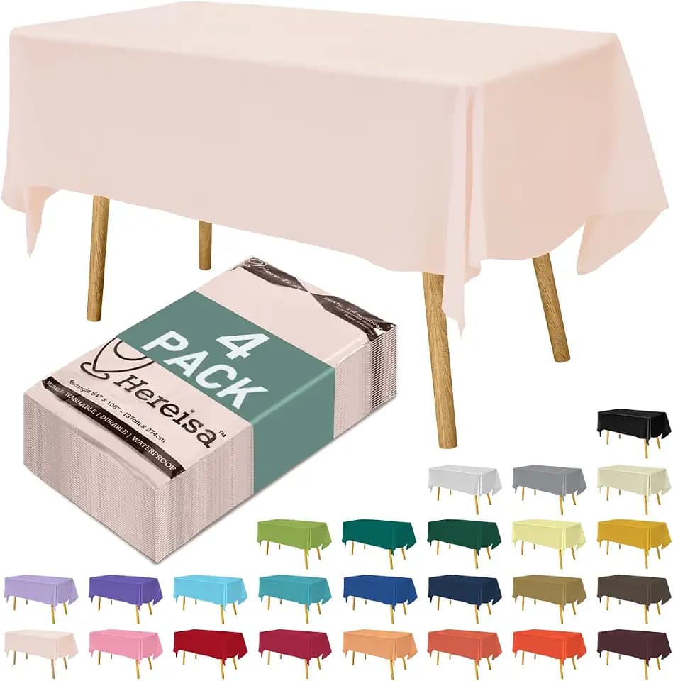 Disposable Plastic Tablecloth 54x108 Inch Rectangle - Blush Pink, 4 Pack Waterproof & Tear-Resistant Party Table Cover for Dining, Picnic, Crafts, Holiday Decor