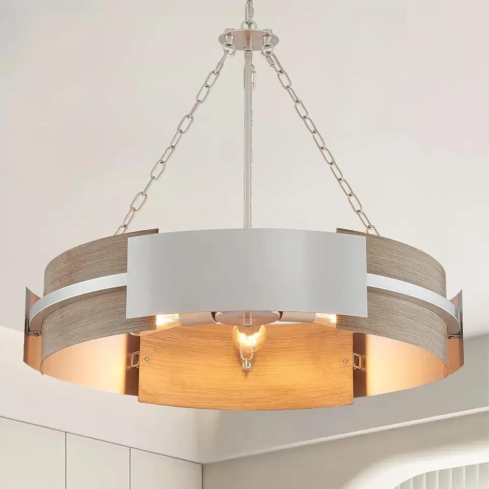 Rustic 26" Drum Chandelier 5-Light in Nickel with Oak-Like Finish