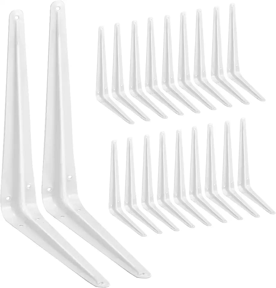 20 Pack Shelf Brackets 10 Inches White, Heavy Duty Steel Metal L Brackets for Shelves, J Brackets Wall Angel Corner Brace for Wood Board