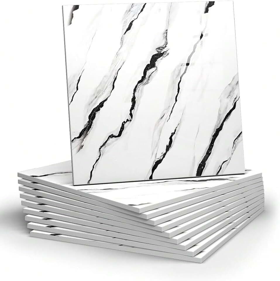 Chejiaye 10pcs Marble Peel and Stick Backsplash Waterproof Washroom Wall Panels, Peel and Stick Tile, PVC Foam Wall Panels for Kitchen,Bathroom,living room,White and Black(Not Real Tile,11.8" x 11.8")