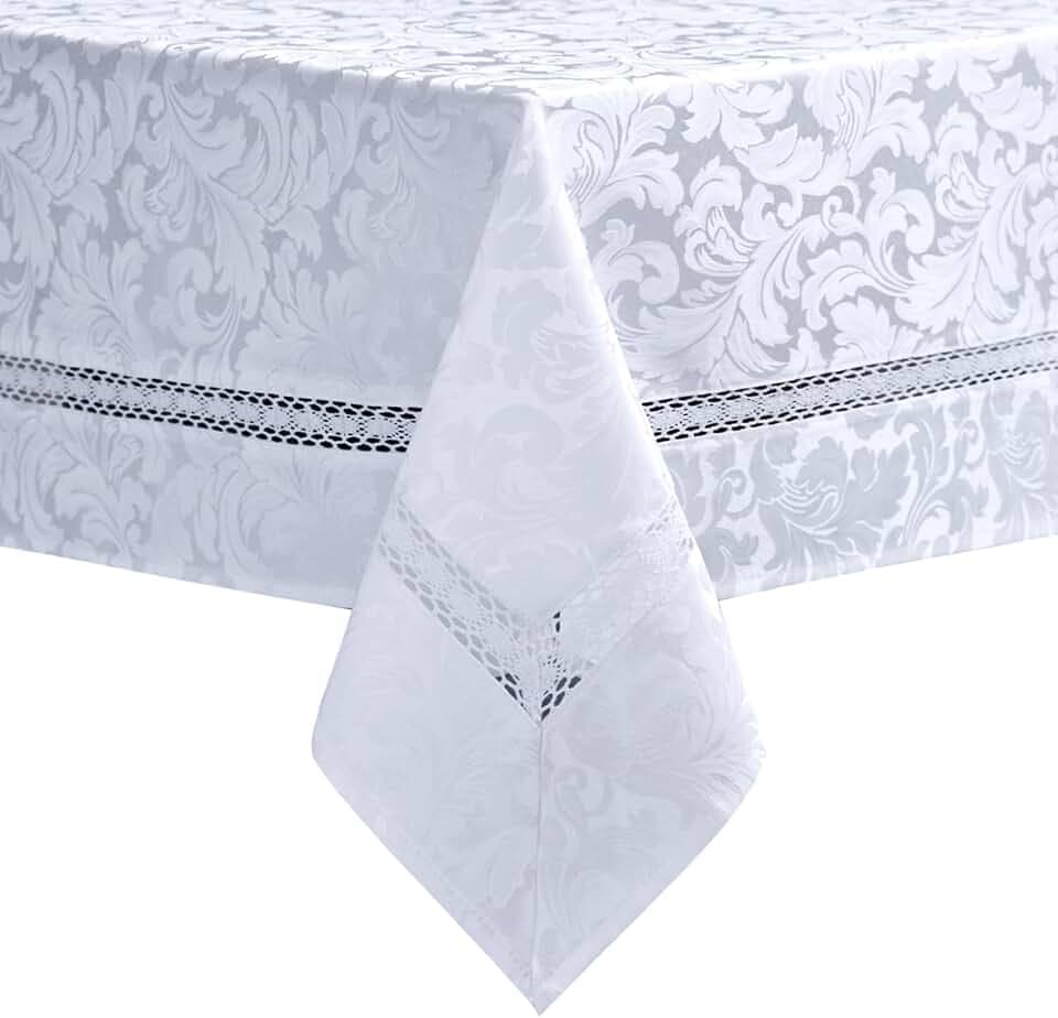 EHouseHome Heavy Duty Fabric Tablecloth with White Lace-Waterproof/Wrinkle Free/Stain Resistant/Oil Proof-for Dining,Indoor&Outdoor,Wedding,Holiday,White Damask,Rectangle 60x102Inch