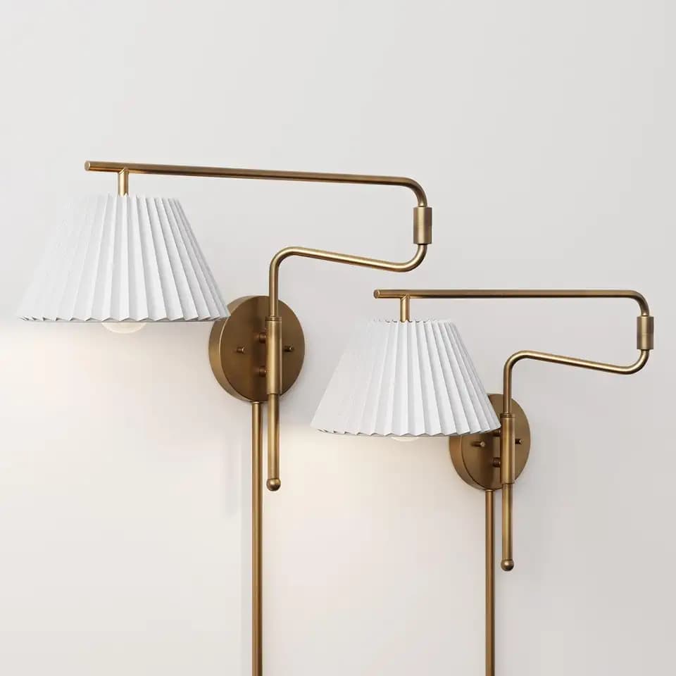 Nathan James Kai Modern Wall Mounted Plugin Bedside Reading Lamp with Pleated Shade, Vintaged Brass Finish, Set of 2