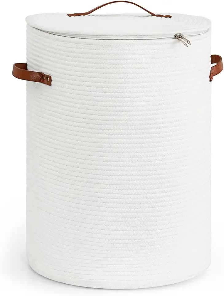 CHICVITA Large Woven Laundry Hamper with Lid & Leather Handles, 60L, White