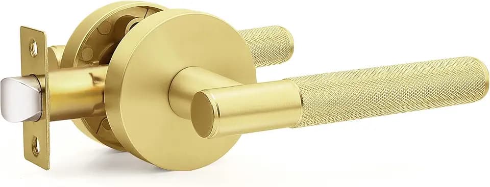 1 Pack Gold Passage Door Handle, Brass Interior Door Knob for Closet and Hallway, Knurled Reversible Non-Locking Door Lever
