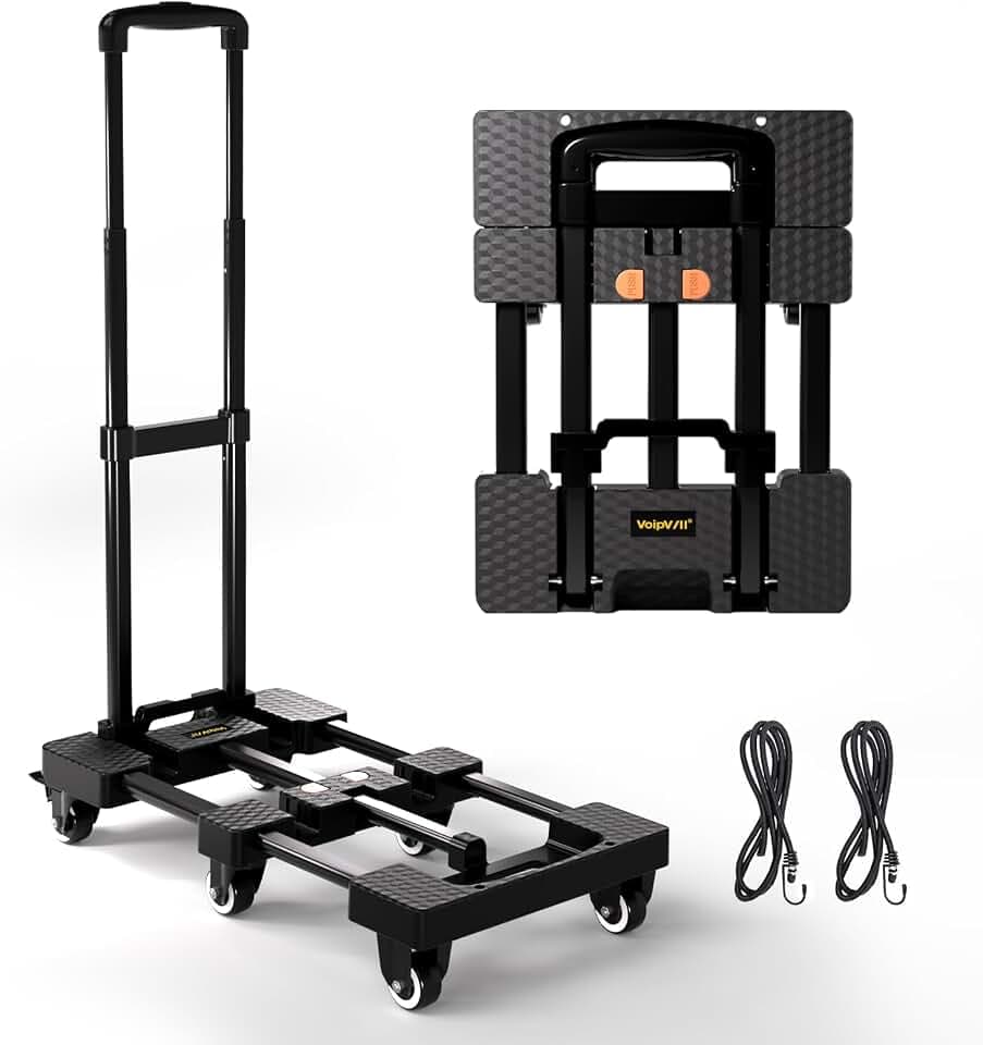 Voipvvii Folding Hand Truck 500lbs, Portable Heavy Duty Dolly Cart, 6 Wheels Collapsible Luggage Cart with 2 Elastic Ropes - Compact Trolley Cart for Easy Moving - Ideal Hand Cart for Travel and More