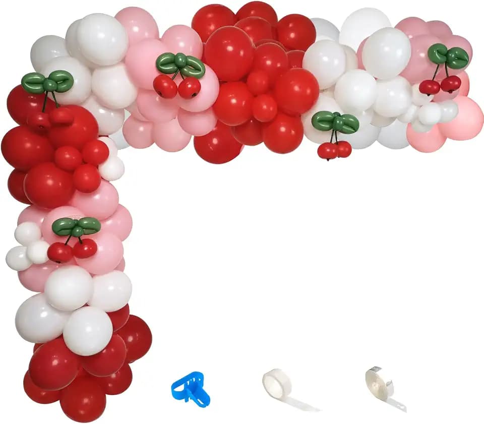 Cherry Balloon Garland Arch Kit, Red Pink White Balloons with DIY Cherry Fruit for Birthday Baby Shower Wedding Valentine's Day Galentine's Day