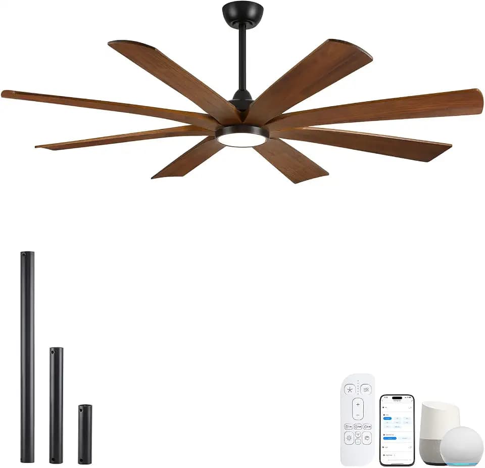 65 Inch Smart Ceiling Fan with Light, 8 Walnut Solid Wood Blades, High CFM