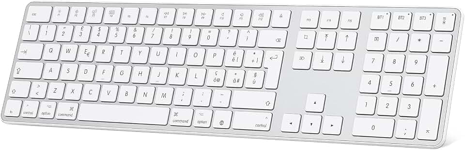 OMOTON Bluetooth-Tastatur, wiederaufladbar für Mac OS, italienisches Layout mit Ziffernblock, kompatibel mit MacBook Air/Pro/iMac, drei Bluetooth-Modi und ergonomisches Design, Weiß