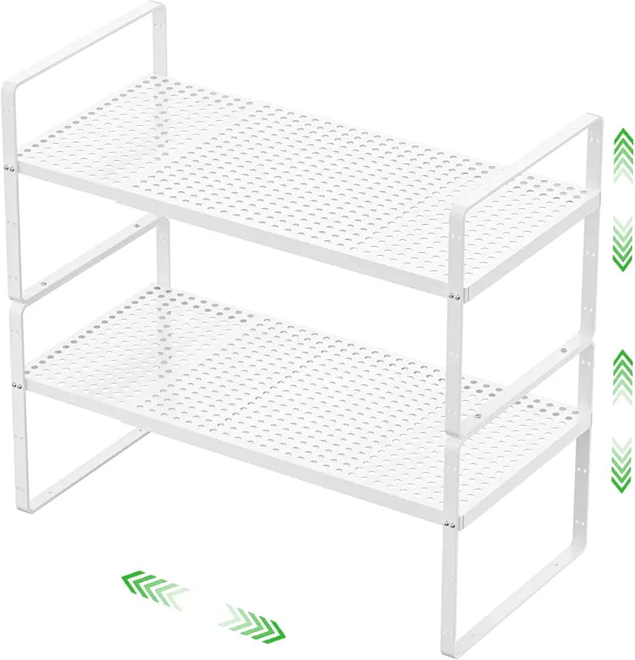 Expandable Storage Shelf, Stackable Organizer Rack, White Large 2 PK