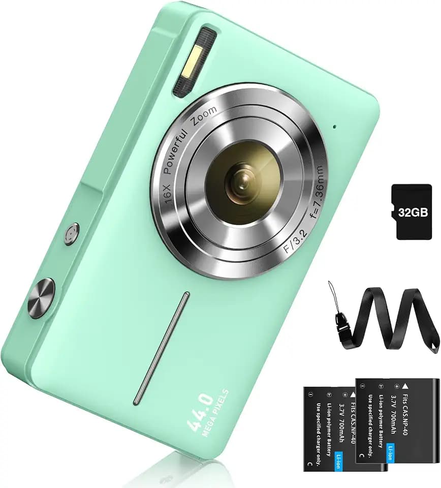 Digitalkamera 44MP Fotokamera FHD 1080P Fotoapparat mit 32G Karte 16X Digitalzoom Digital Kamera mit Batterie Tragbare Einfache Digitalkamera für Kinder Student Teenager Anfänger Senioren (Grün)