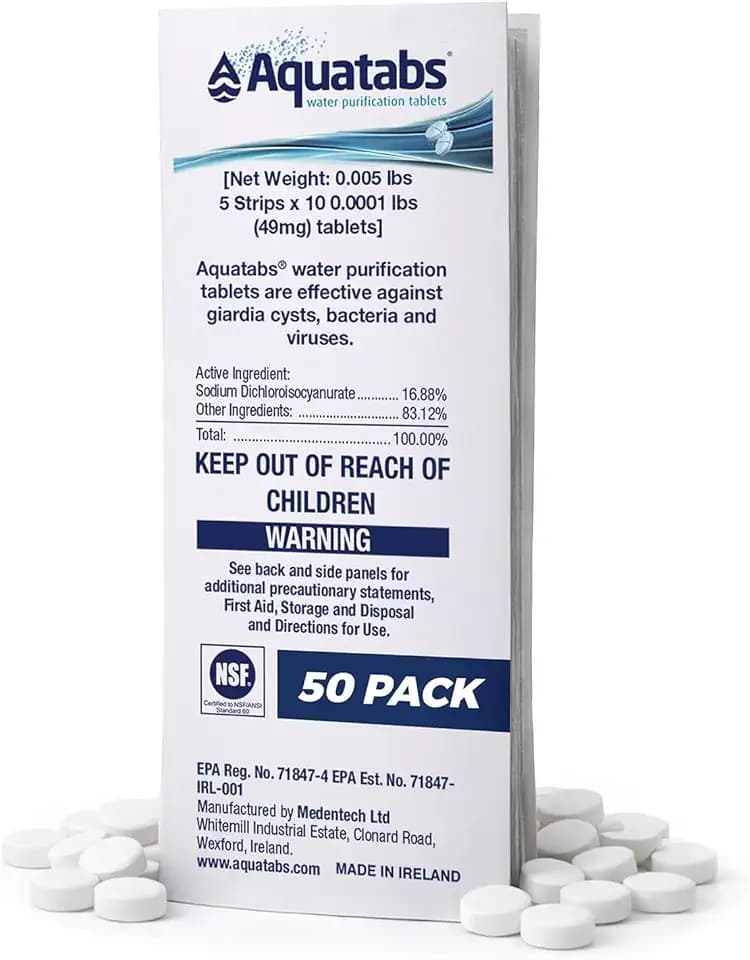 Aquatabs 49mg Water Purification Tablets, 50 Pack, Hiking & Camping