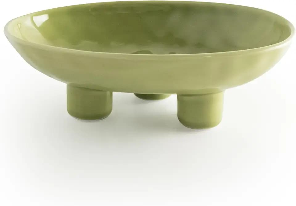 Three-Leg Ceramic Fruit Bowl, 10 Inch Oval Serving Dish for Kitchen Counter, Candy or Key Holder, Home Decor Accent Beige Green
