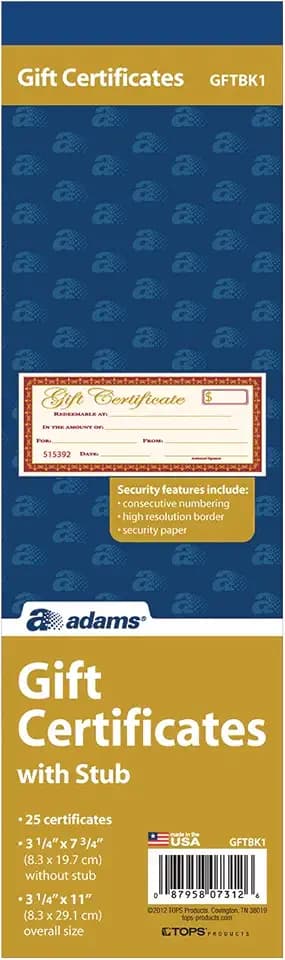Adams 1-Part Gift Certificates with Stub, 3-1/4" x 11", 25 Certificates/BK (GFTBK1)