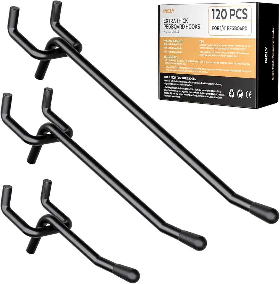 INCLY 120 Pack 2/4/6 Inch Black Pegboard Hooks, 1/4" Heavy Duty