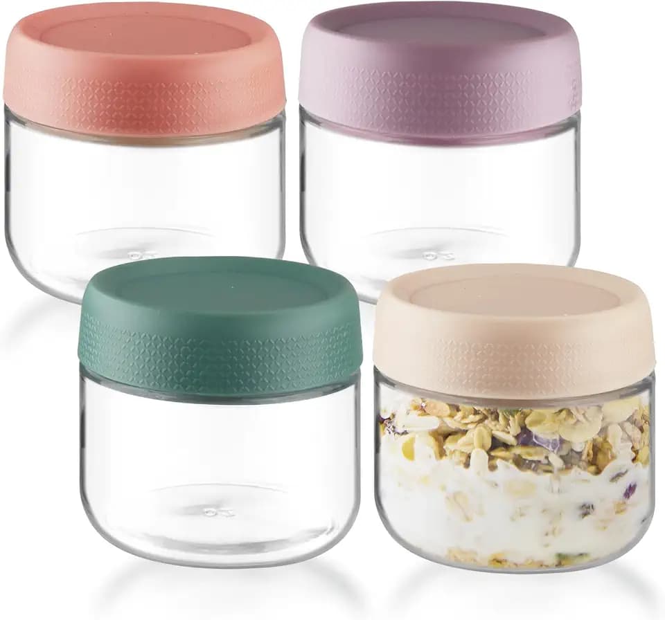 4 Pack Glass Jar With Airtight Lids Overnight Oats Containers With Lids Mason Jars Food Storage Containers For Yogurt Snacks Sugar Spice And More (4 colors, 300ml/10oz)