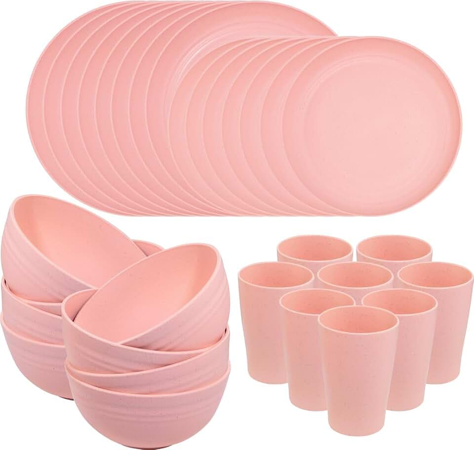 Supernal 32Pcs Pink Plates and Bowls Sets for 8, Unbreakable Dinnerware