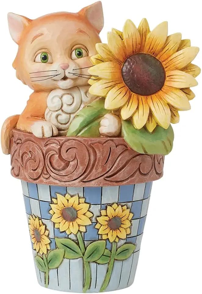 Enesco Jim Shore Heartwood Creek Nature's Meadow Cat in a Flowerpot Figurine- Stone Resin Hand Crafted Collectible Figurines Home Decor Statue, 6.87 Inch