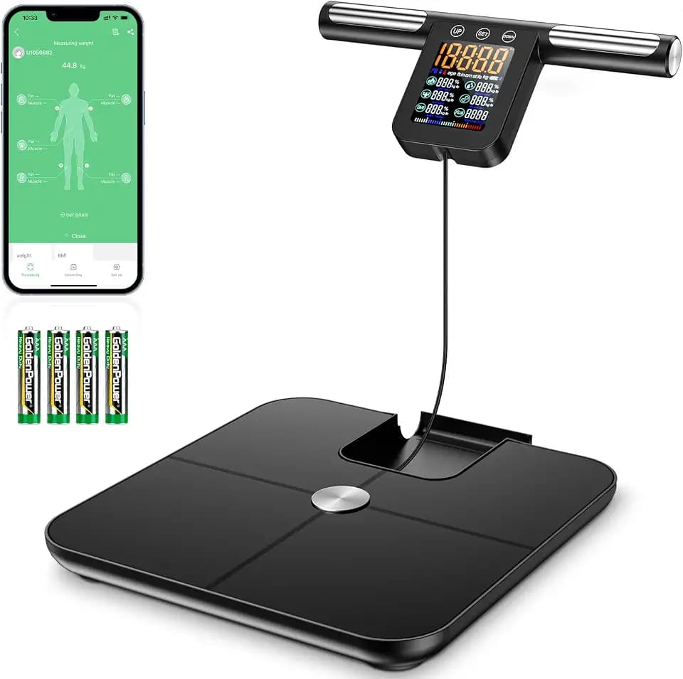 Onherm Körperfettwaage mit Handsensoren, 8 Elektroden Körperwaage Digital mit LCD Display, Ultra Precision Waage Körperfett und Muskelmasse mit APP, 32 Messdaten, zur Messung von Körperfett, BMI, usw