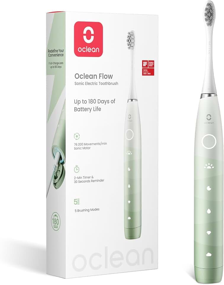 Oclean Elektrische Zahnbürste Flow, 180 Tage Akkulaufzeit Sonic Electric Toothbrush für Reisen, 5 Modi Schallzahnbürste mit IPX7 Wasserdicht für 2-Minuten-Timer Zähneputzen, Grün