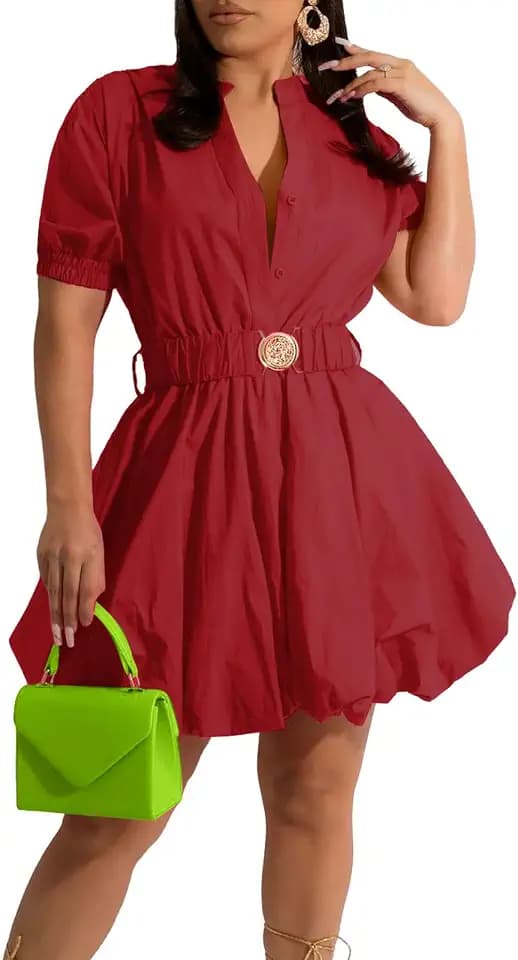 ENOPINK Puff Sleeve Dress for Women Sexy V Neck Mini Dress with Belt