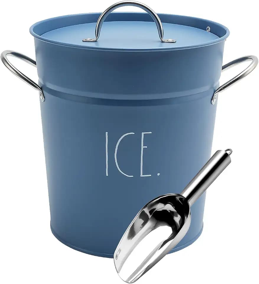 Rae Dunn Ice Bucket with Scoop - Stainless Steel Bucket with Handle, Lid and Ice Scooper - 4 Qt. Storage Bin for Ice Cubes for Bars, Parties, Backyard Barbeques, Picnics, and Camping (Blue)