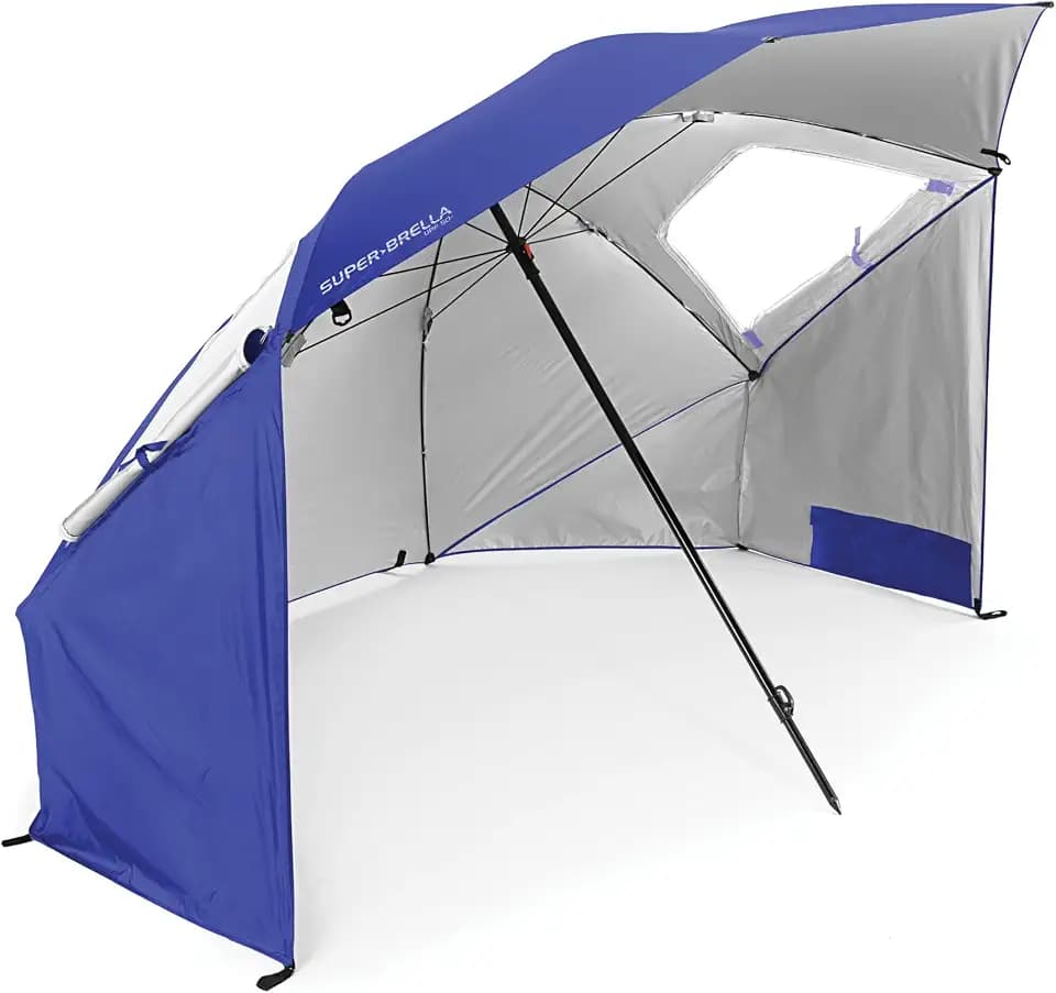 Sport-Brella Super-Brella UPF 50+ Sun and Rain Canopy Umbrella, 8 Foot Portable Beach Shelter with Side Panels, Wind Flaps with Mesh Windows for Ventilation, and Carry Bag, Blue