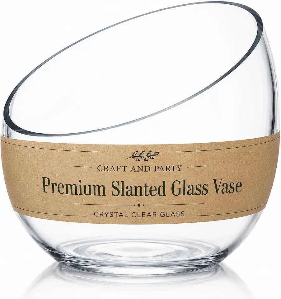 Slant Cut Bowl Glass, Glass Fish Bowl Vase, 6" Height x 7" Width Fruit Jar, Candy Dish, Clear Terraium, Flower Centerpiece