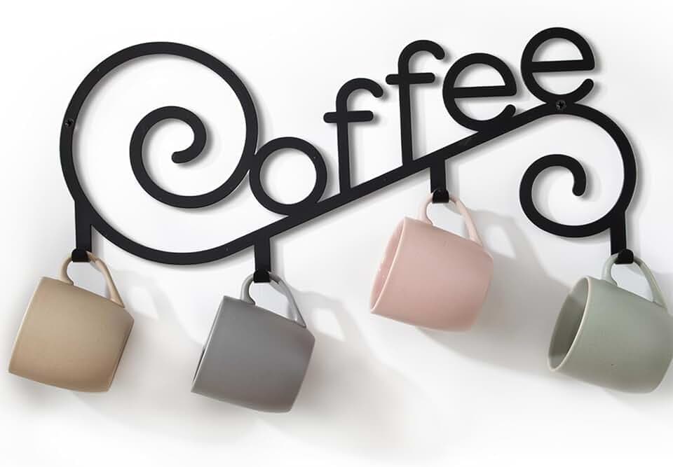 Metal Wall Mounted Coffee Cup Mug Holder with 4 Hooks, 15.75 x 6.3 Inch, Decorative Coffee Bar,Kitchen, Bar Station Accessories Decor