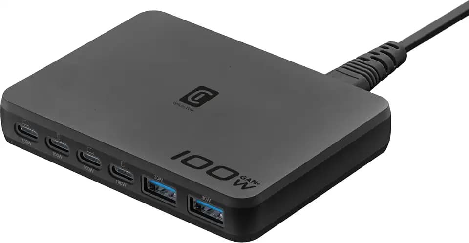 Cellularline Netzladegerät Power Lite Desk Station mit 6 Anschlüssen, 4 USB-C mit 100 W und 2 USB-A mit 30 W, 95 W Gesamtleistung und GaN+ Technologie für Laptops, schwarz