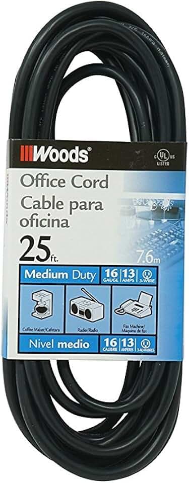 Woods Light Duty Extension Cord - Indoor Power Solution for Office & Household Use - SJTW Extension Cord - 16 Gauge - 3 Conductor - 25 Feet - Black