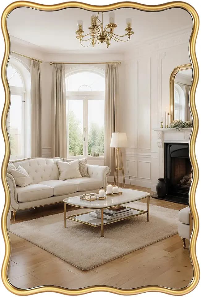 Wavy Mirror, Gold Wall Mirror Rectangular - Large Metal Frame, Decorative Mirror for Bathroom Vanity, Living Room, Bedroom & Entryway - Modern Full Length Wall Mounted Mirror