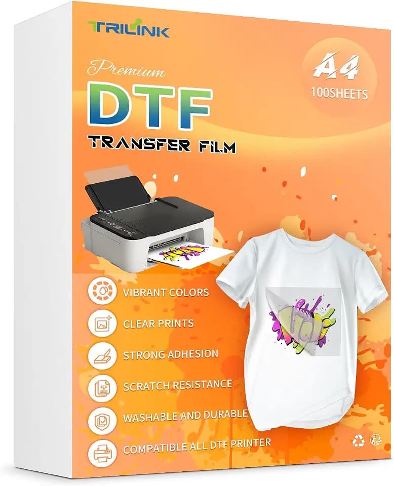 TRILINK DTF Transfer Film Paper A4 (8.5" x 11") - 100 Sheets Premium PET Direct to Film Transfer Paper for Sublimation - Works on Cotton, Polyester, and More Fabrics - Ideal for T-Shirts Printing