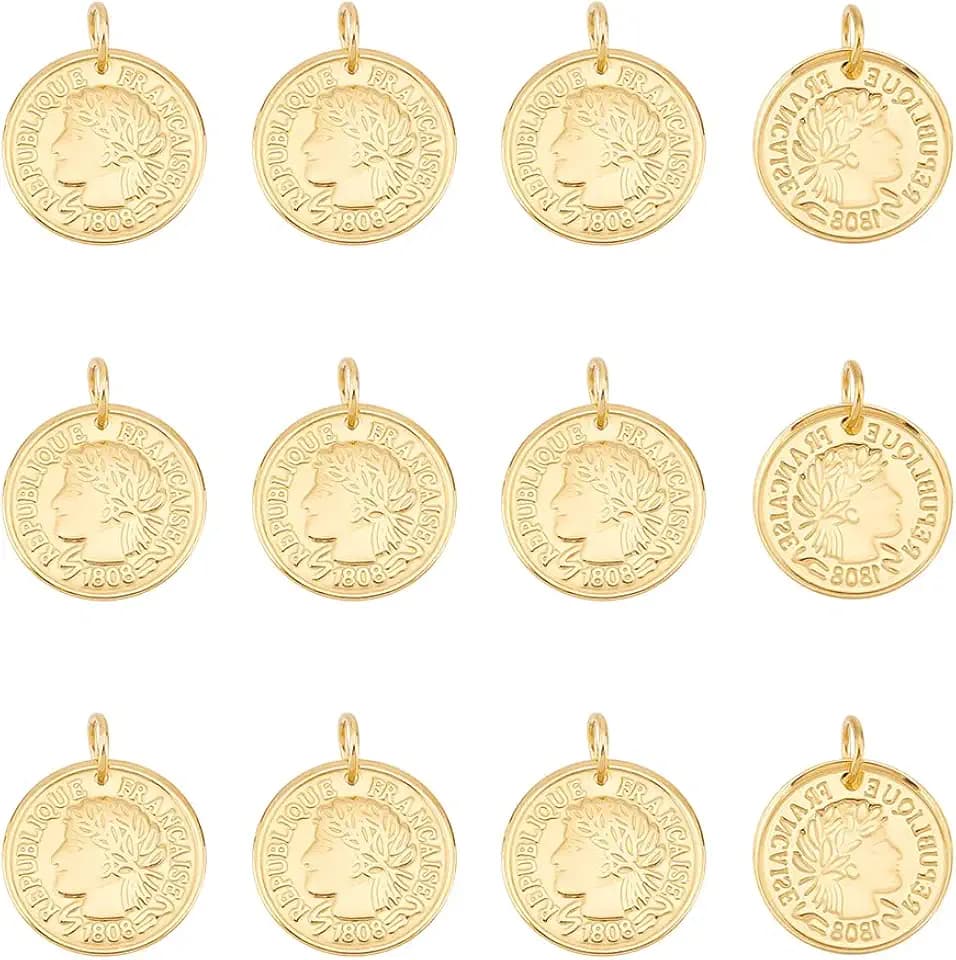 UNICRAFTALE 12pcs Stainless Steel Coin Pendant Republique Francaise 1808 Metal Pendant Flat Round Charms Coin Dangle Medallion Charm for DIY Jewelry Making