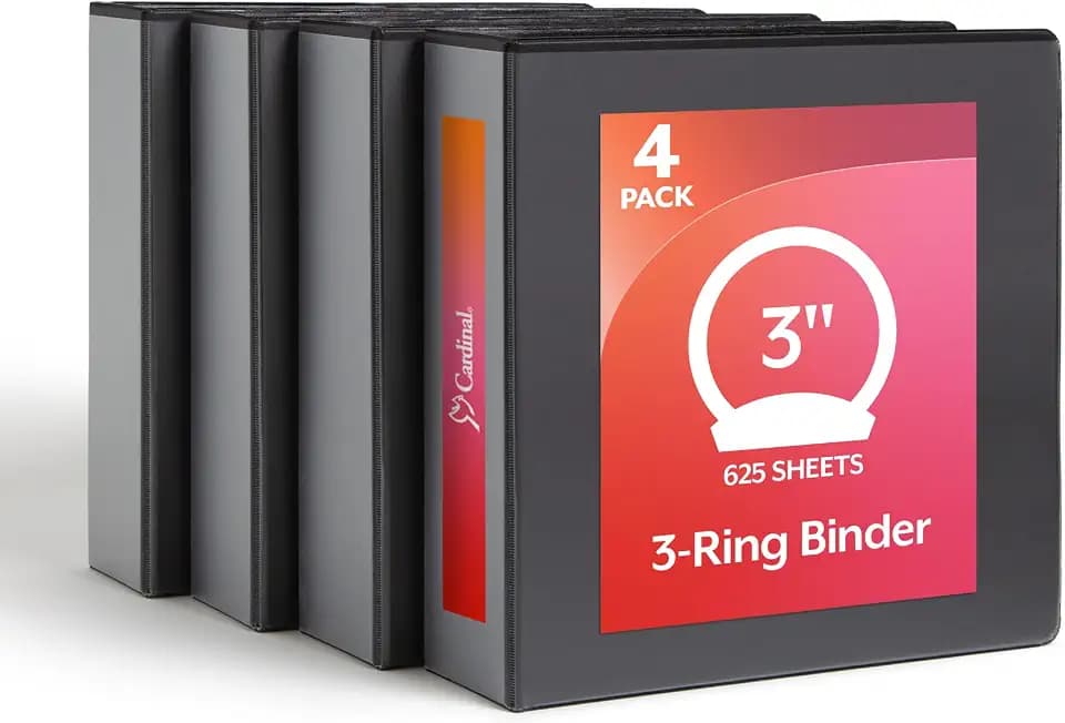 Cardinal 3 Inch 3 Ring Binders, 4 Pack, Black, Holds 625 Sheets