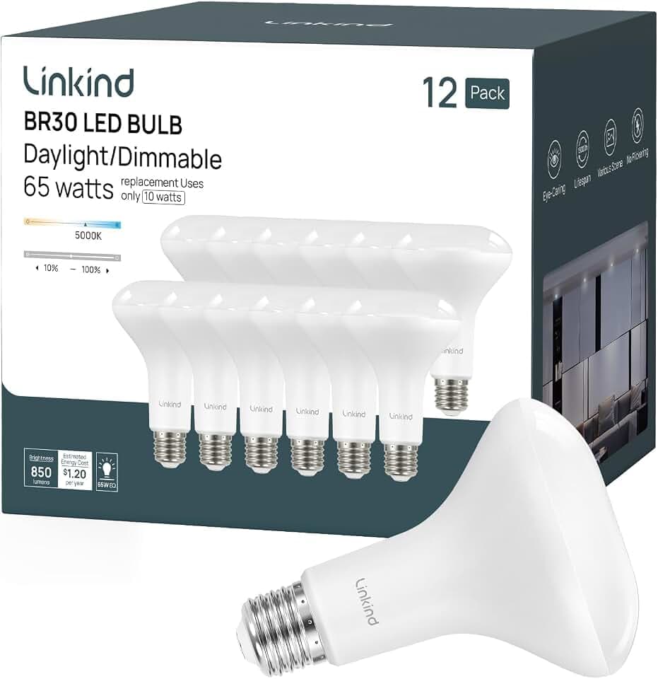 Linkind 12-Pack BR30 LED Flood Light Bulbs Indoor, 10W=65W 850 Lumens 5000K
