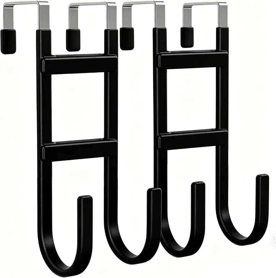 BAKON Over-the-Door Hooks, 2 Pack Heavy Duty Door Hanger with Anti-Scratch Rubber for Hanging Coat, Towel, Bag, Fits 1-3/8" Interior Doors, Ideal for Bathroom, Living Room and Kitchen, Black