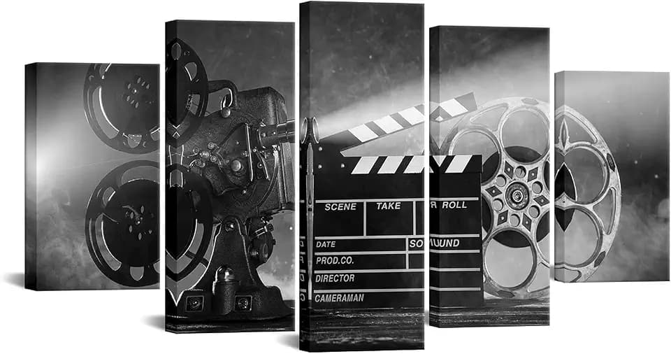 LevvArts Large 5 Piece Canvas Wall Art Classic Old Fashion Film Reels Poster Filmmaking Concept Scene Black and White Pictures for Bar Pub Home Movie Theater Media Room Decor Ready to Hang
