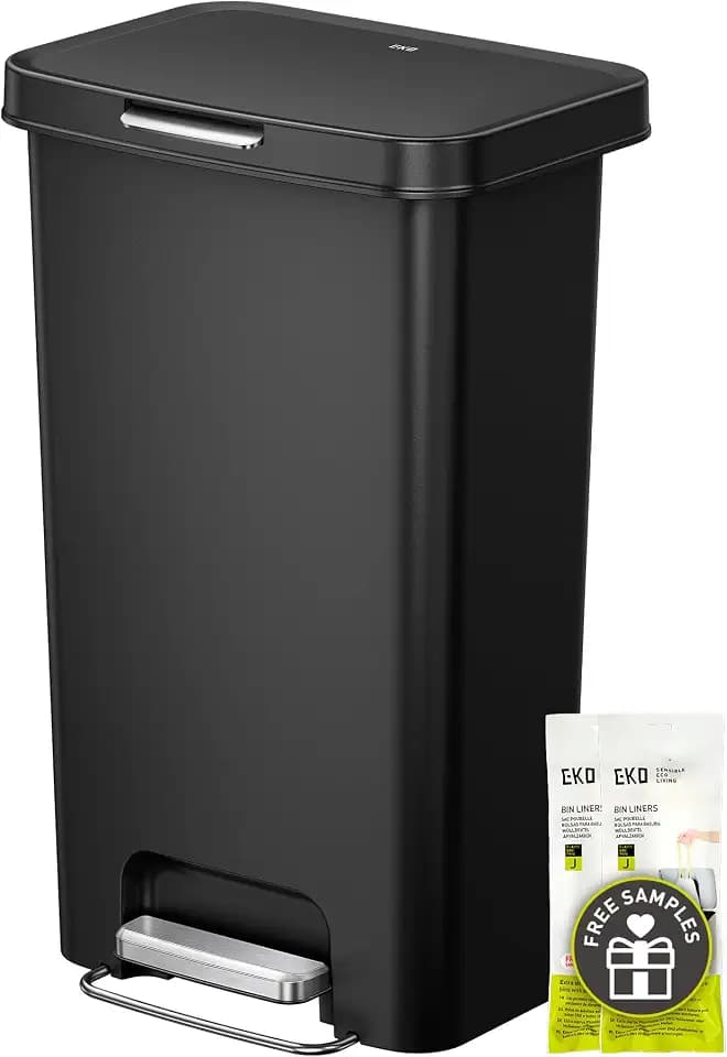 EKO 45L/12 Gal Pet-Lock Kitchen Trash Can with Lid, Plastic Step Can, Black