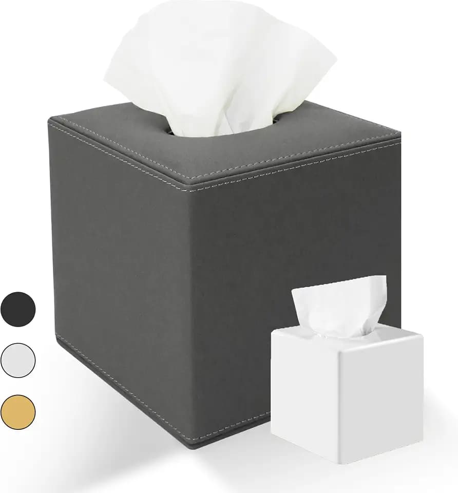Rikan Vegan Leather Tissue Box Cover – Decorative Rectangular Tissue Holder, Modern Tissue Box for Bathroom, Bedroom, Living Room & Office Decor - Grey