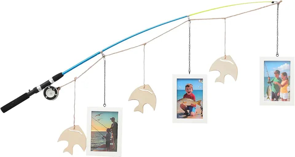 PHOENANCEE Fishing Pole Picture Frames,Fisherman Photo Frame 4.72"x6.69",Hanging Photo Display Wall Decor for Father's Day,Birthday,Christmas,Nursery,Kids Boys Room,Bathroom,Lake Cabin House,(White)